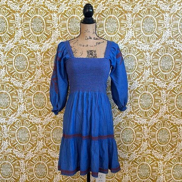 OMIKA Anthropologie Dunmore Square Neck Smock Tie Back Embroidered Mini Dress XS - Picture 3 of 10